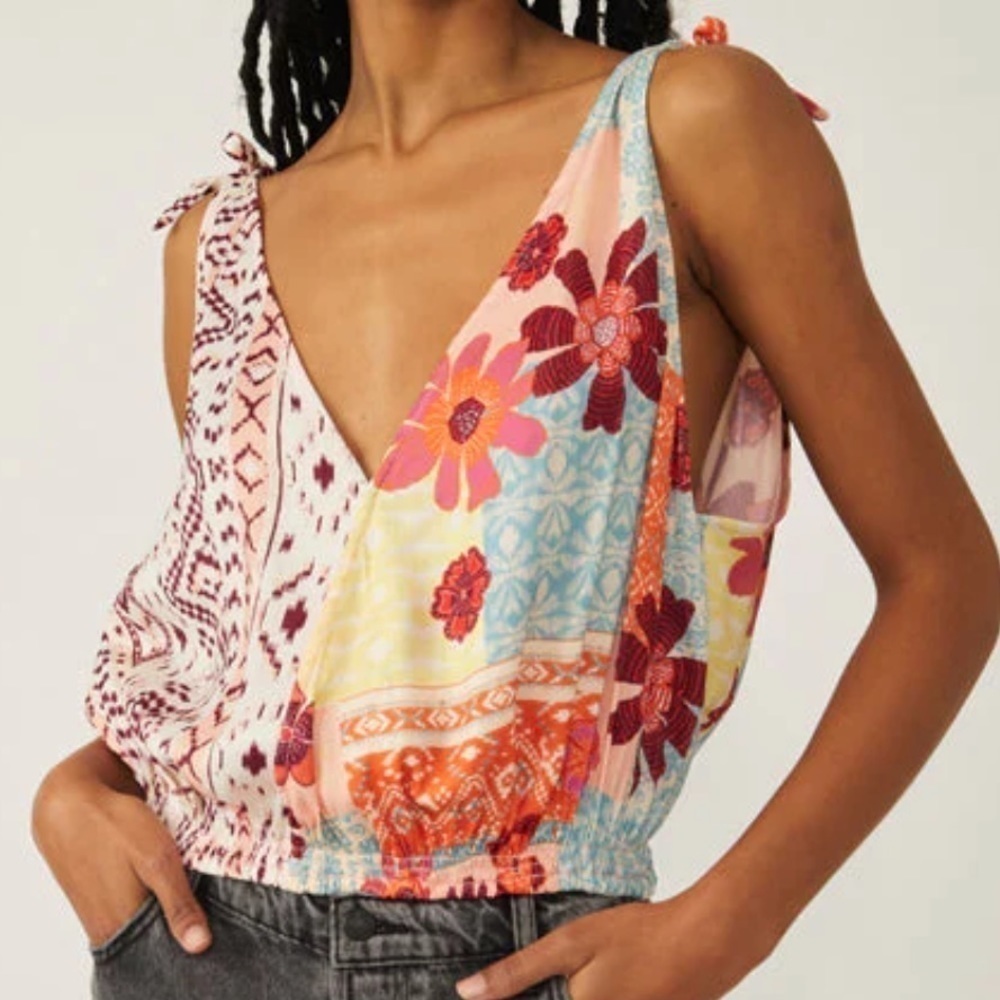 NWT Free People Tied To You Tie Shoulder Wrap Crop Tank Top Tropical Combo